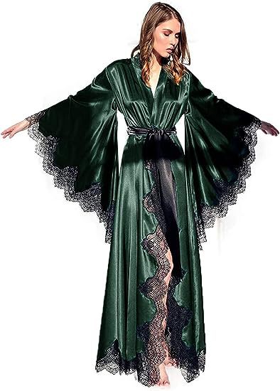 Women's Long Satin Bridal Robe with Lace Trim - V-Neck Wrap Sleepwear