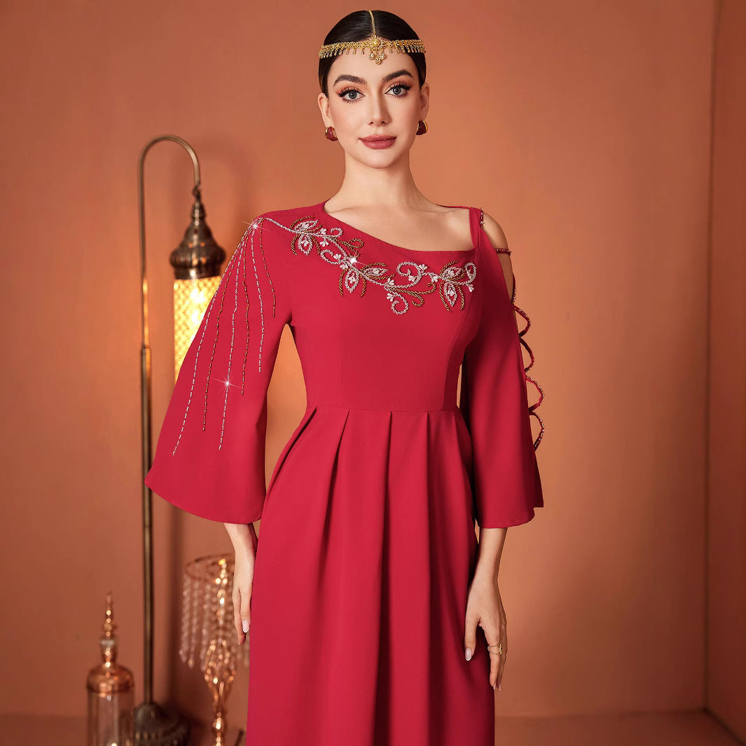 Women's Off-the-Shoulder Maxi Dress – Hand-Sewn Crystal Embellishment Evening Gown