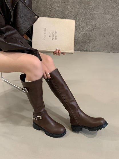 Women's High-Top Ankle Boots with Belt Buckle & Side Zipper