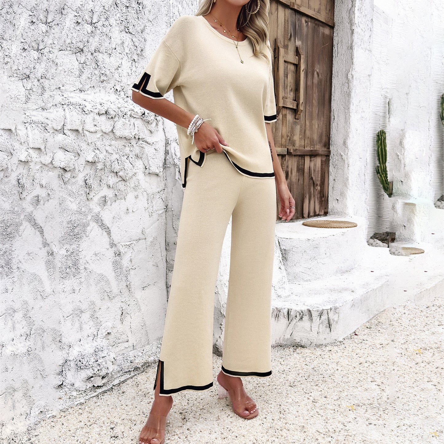 Women's 2-Piece Striped Knit Lounge Set - Short Sleeve Top and Wide Leg Pants in Ice Cool Silk