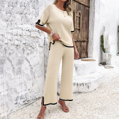 Women's 2-Piece Striped Knit Lounge Set - Short Sleeve Top and Wide Leg Pants in Ice Cool Silk