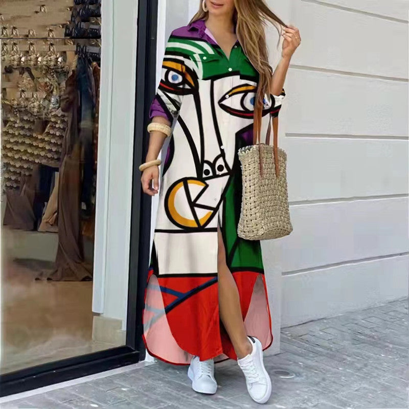 Women's Fashion Long Sleeve Printed Maxi Dress - Irregular Hem Single-Breasted Dress