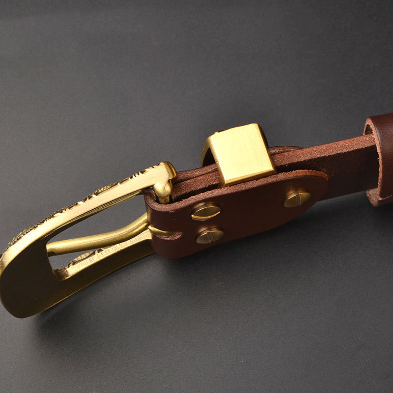 Men's Genuine Leather Belt with Solid Brass Buckle - Casual Pin Buckle