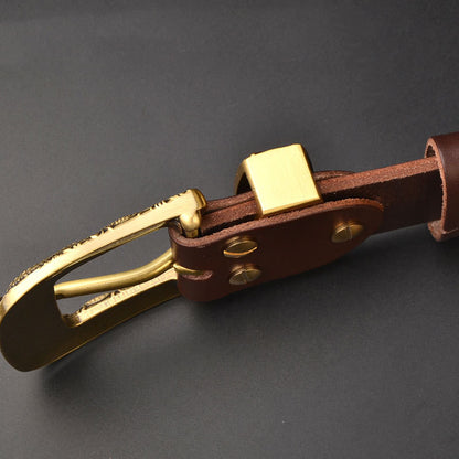 Men's Genuine Leather Belt with Solid Brass Buckle - Casual Pin Buckle
