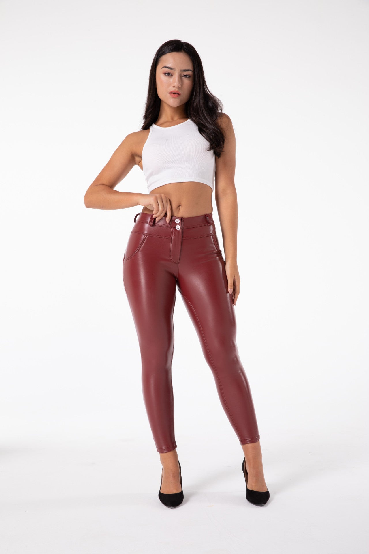 Women's High Waist Faux Leather Fitness Pants - Fleece Lined Leggings