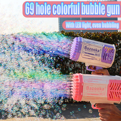 Bubble Gun Rocket - 69-Hole Automatic Bubble Machine with LED Lights