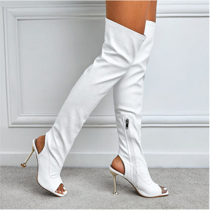 Women's Square Toe Cutout Over-Knee Side Zip Boots - Cool Statement Footwear