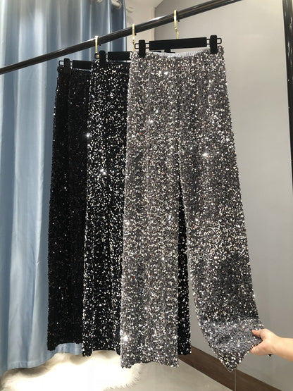 Women's Sequined High-Waist Wide Leg Pants - Korean Velvet Trousers