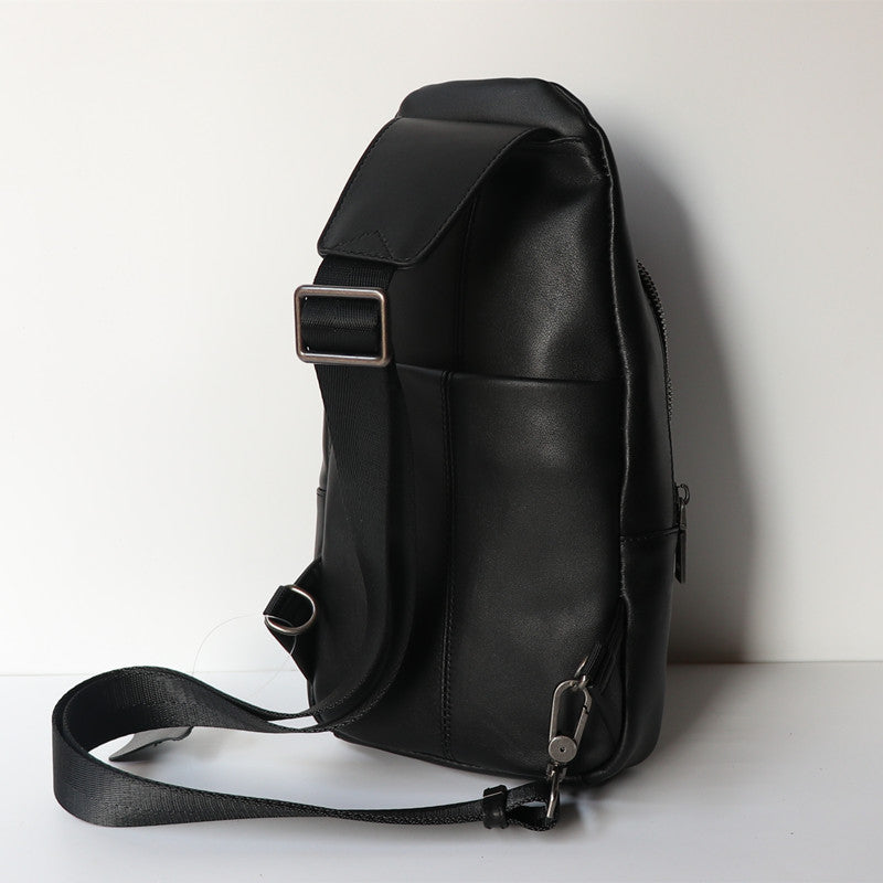 Black Top Layer Cowhide Leather Japanese Casual Chest Bag - Crossbody Sling Bag