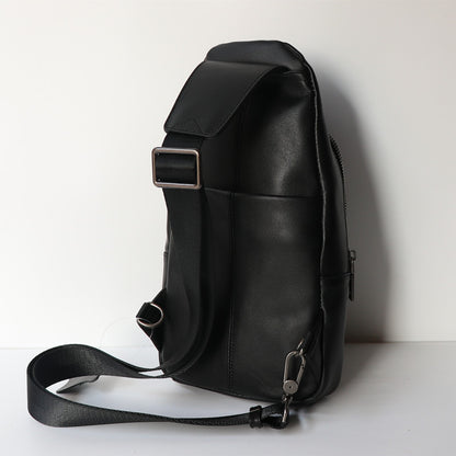 Black Top Layer Cowhide Leather Japanese Casual Chest Bag - Crossbody Sling Bag
