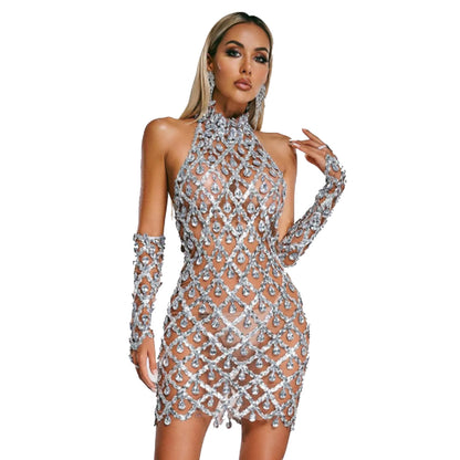 Women's Rhinestone Plaid Sequin Mini Dress – High Waist Three-Quarter Sleeve Fitted Dress with Gloves