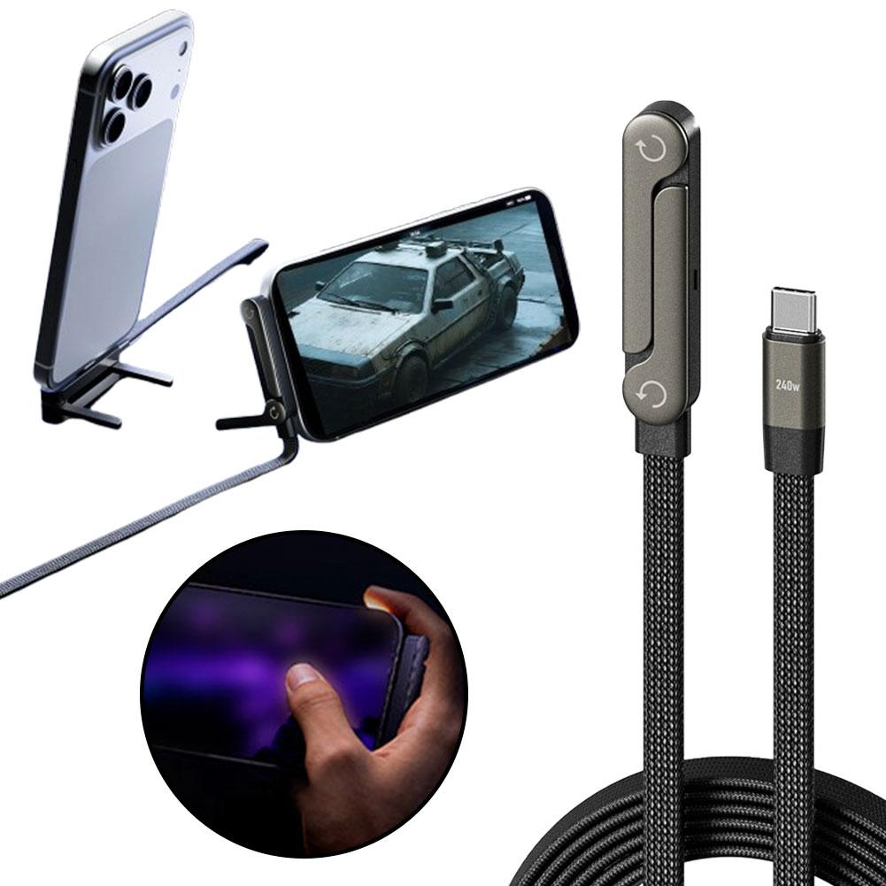 2-in-1 Fast Charging Cable with Built-In Foldable Phone Stand - 90° Elbow Braided Type-C Cable