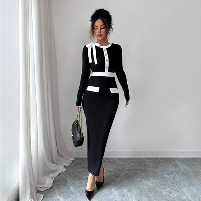 Women's Black and White Color-Block Dress - Long Sleeve Patchwork Pullover