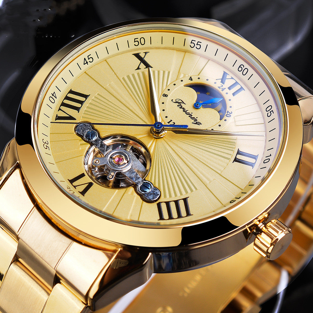 Men's Automatic Mechanical Watch - Moon Phase, 30M Water Resistant, 43mm Stainless Steel