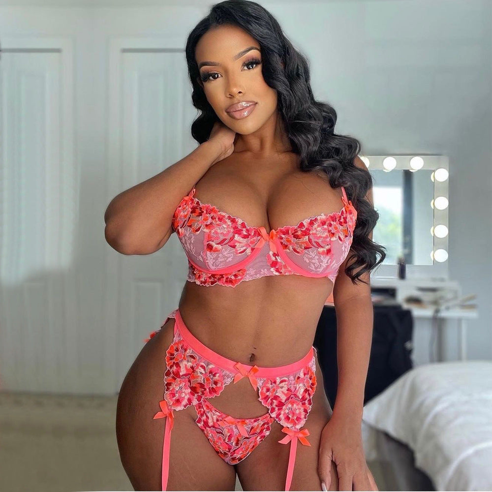 Women's Embroidered Lingerie Set - Delicate Floral Design Bra and Panty