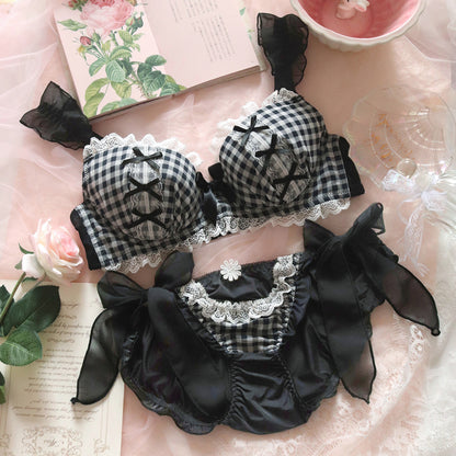 Women's Plaid Gathered Bra and Panty Set - Lace Trim Convertible Design