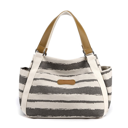 Canvas Striped Shoulder Bag - Large Capacity Handbag