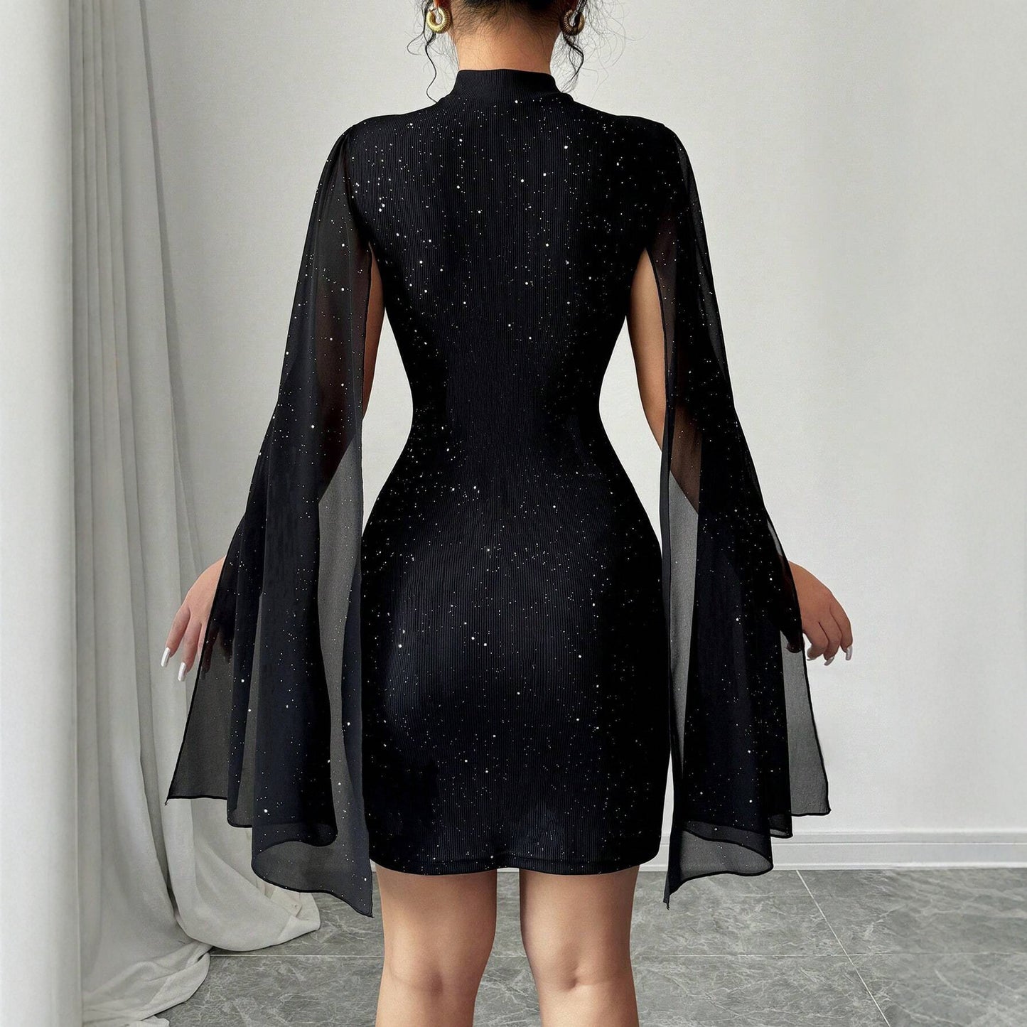 Women's Round-Neck Ribbed Pearl Chiffon Cape Bodycon Dress - Elegant Mini Dress