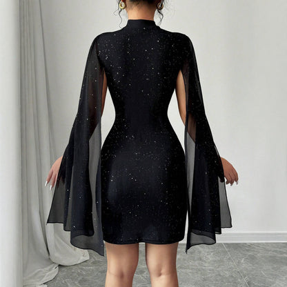 Women's Round-Neck Ribbed Pearl Chiffon Cape Bodycon Dress - Elegant Mini Dress