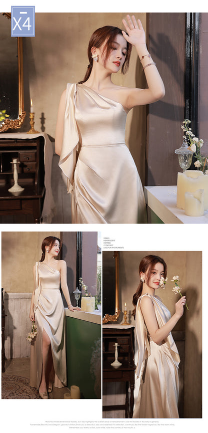 Champagne Satin Sleeveless High Waist Formal Dress | Elegant Wedding & Party Gown