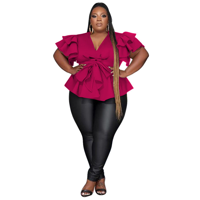 Women's V-Neck Ruffle Sleeve Blouse - Pleated Pullover Top