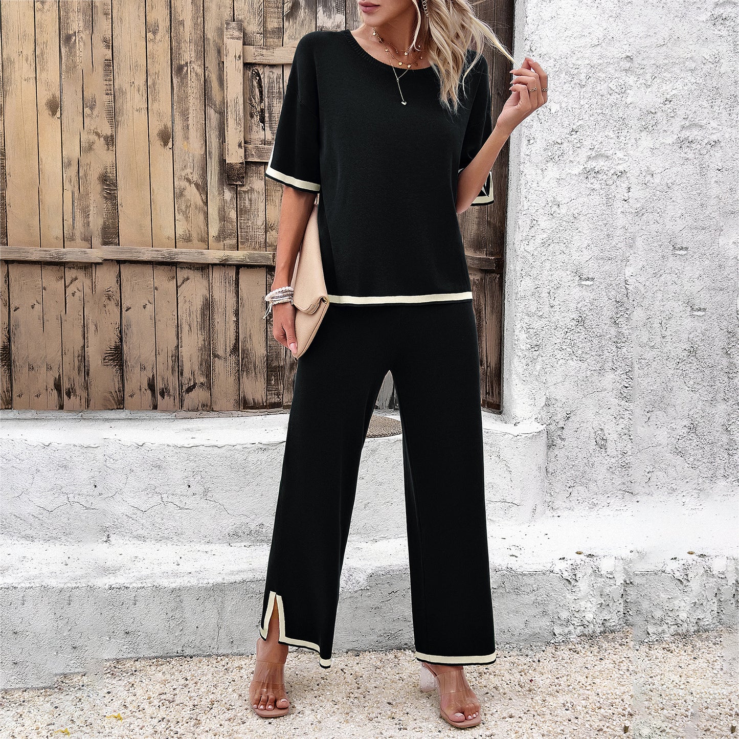 Women's 2-Piece Striped Knit Lounge Set - Short Sleeve Top and Wide Leg Pants in Ice Cool Silk