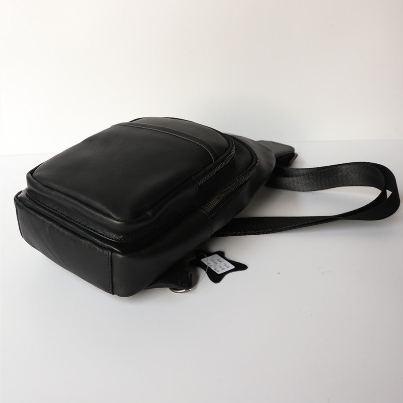Black Top Layer Cowhide Leather Japanese Casual Chest Bag - Crossbody Sling Bag