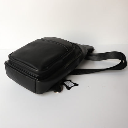 Black Top Layer Cowhide Leather Japanese Casual Chest Bag - Crossbody Sling Bag