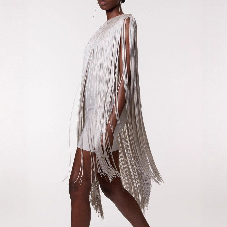 Sleeveless Asymmetric Tassel Midi Dress | Mid-Rise Party Dress