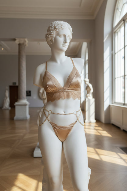 Women's Lace Cross Bra Lingerie Set - Metal Chain Accent Intimate Apparel