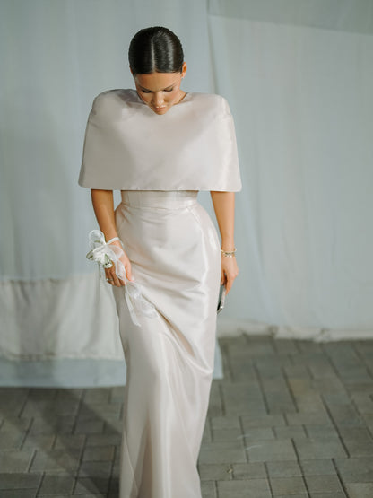 Satin Cape-Style Top & Fitted Maxi Dress Set