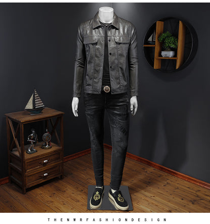 Men's Motorcycle PU Leather Jacket - Long Sleeve Lapel Coat