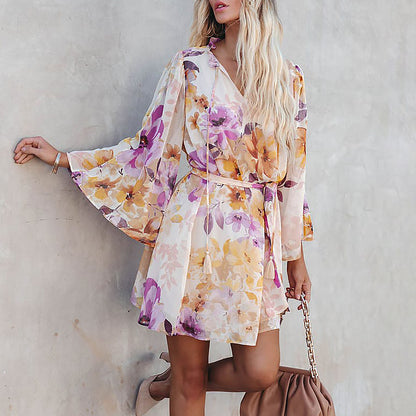 Floral V-Neck Long Sleeve A-Line Dress with Open Back Strap Detail