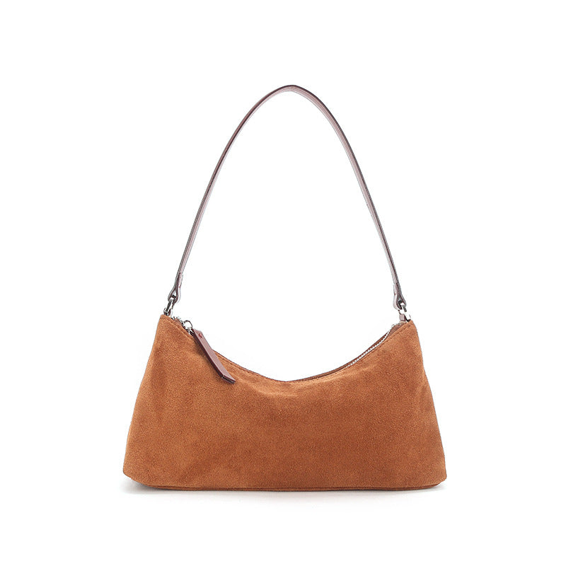Suede Underarm Baguette Bag - Retro Matte Top-Grain Leather Shoulder Handbag