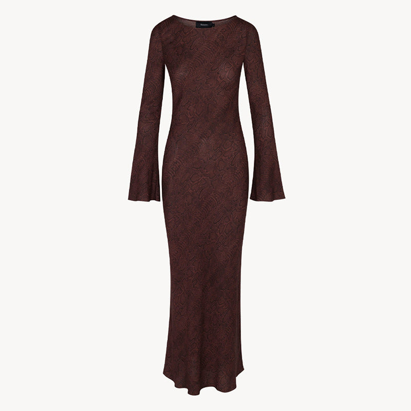 Silk Snakeskin Print Maxi Dress - V-neck Long Sleeve