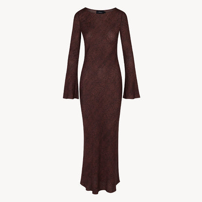Silk Snakeskin Print Maxi Dress - V-neck Long Sleeve