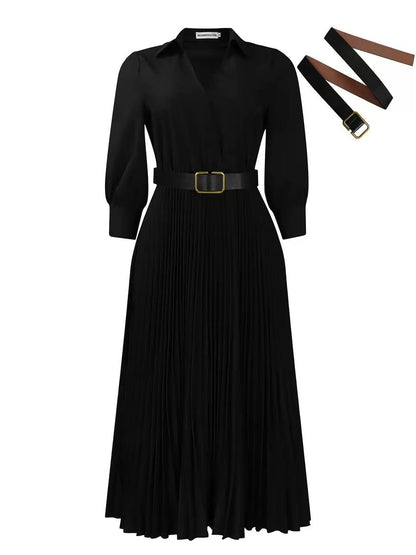 Women's High-Waisted Elegant Pleated Solid-Color Dress - Mid-Length