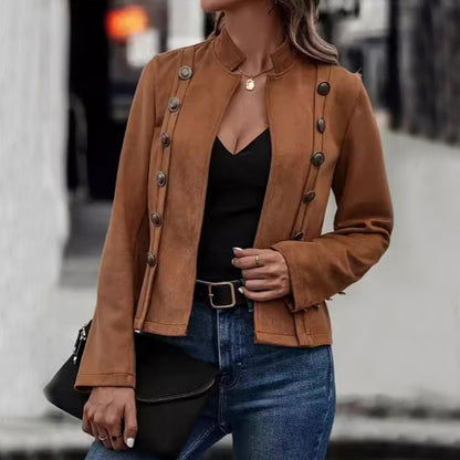 Double-Breasted Suede Jacket - Retro Stand Collar Polyester Coat