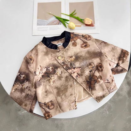 Chinese Style Two-Piece Set - Short Jacket & Suspender Dress with Patchwork Detail