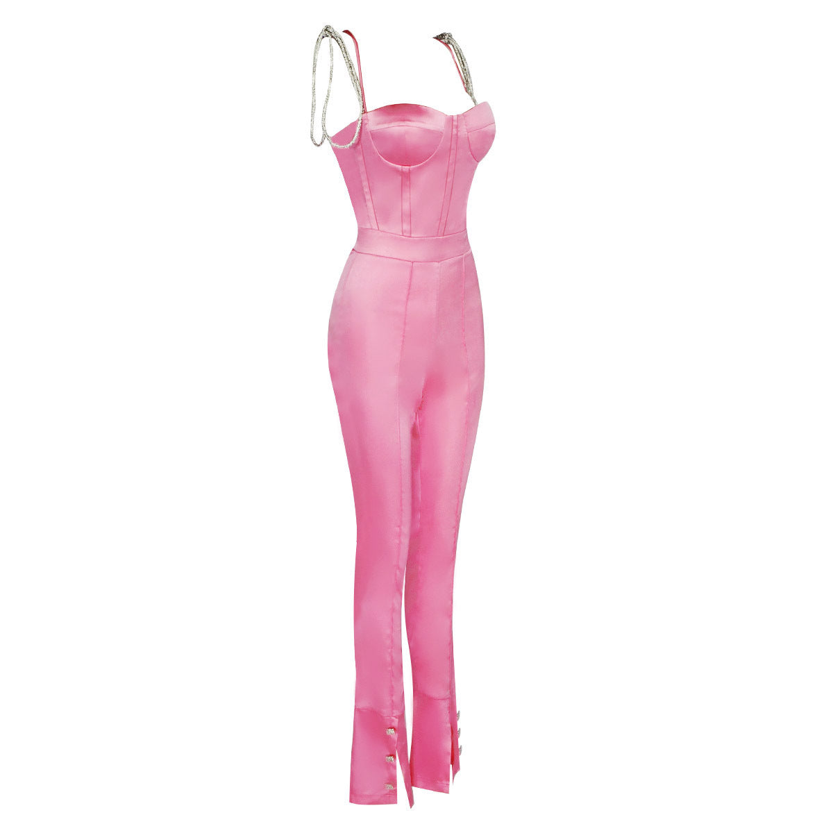 Diamond Sling Satin Jumpsuit - High Waist Sleeveless Rhinestone Romper
