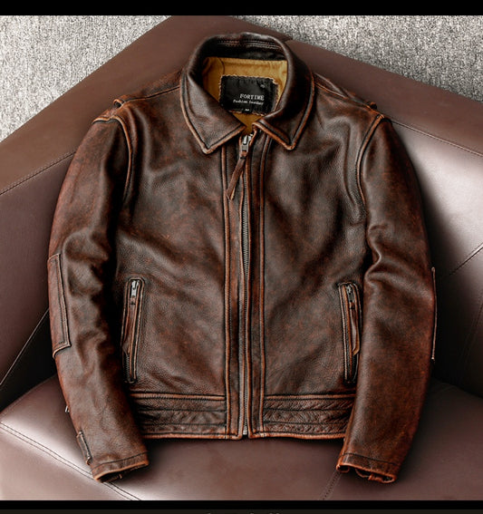 Men's Distressed Motorcycle Jacket - Stone Washed Short Coat