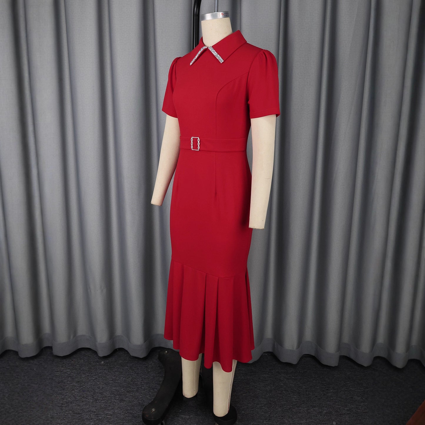 Women's Lapel Short Sleeve Midi Dress – Elegant High Waist Colorblock Bodycon
