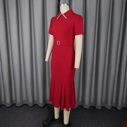 Women's Lapel Short Sleeve Midi Dress – Elegant High Waist Colorblock Bodycon