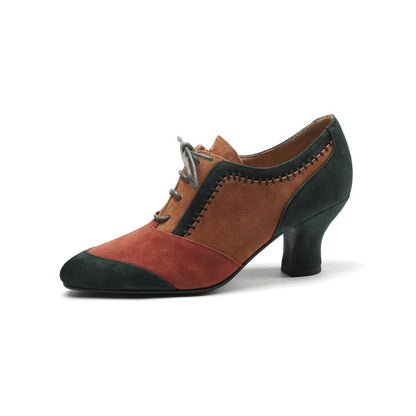 Retro Lace-Up Leather Ankle Boots - Mid-Calf Chunky Heel Shoes