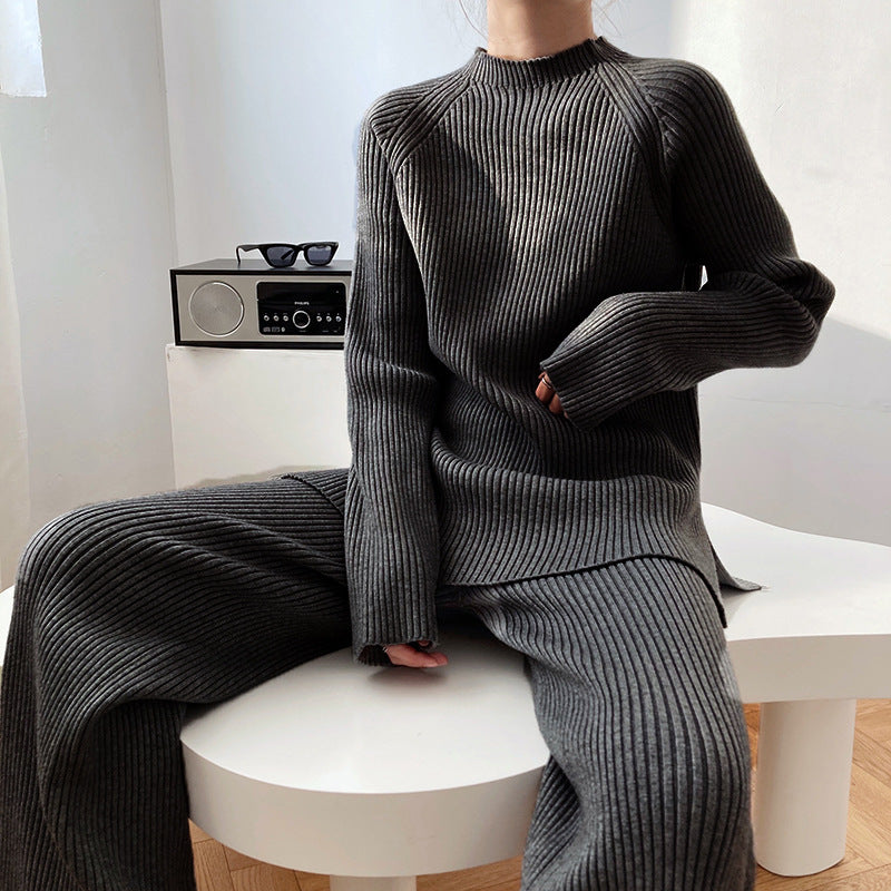 Women's Two-Piece Knitted Wide Leg Pants Set - Casual Sweater and Trousers Outfit