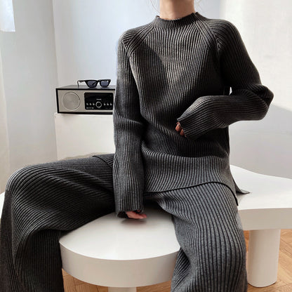 Women's Two-Piece Knitted Wide Leg Pants Set - Casual Sweater and Trousers Outfit