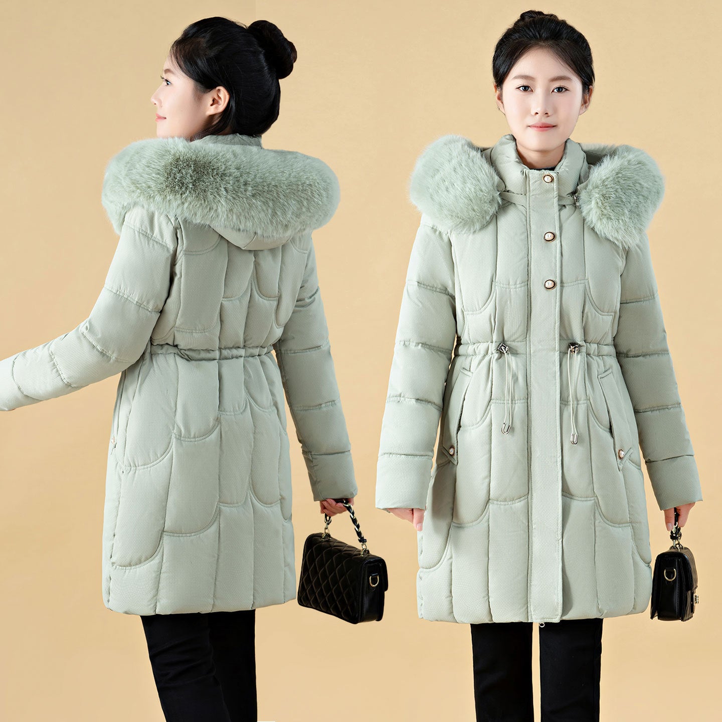 Women's Mid-Length Loose-Fit Down Padded Jacket - Elegant Commute Style with Fur Collar