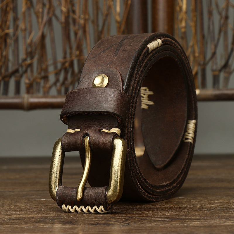 Handmade Retro First Layer Cowhide Leather Belt - Genuine Leather with Copper Pin Buckle