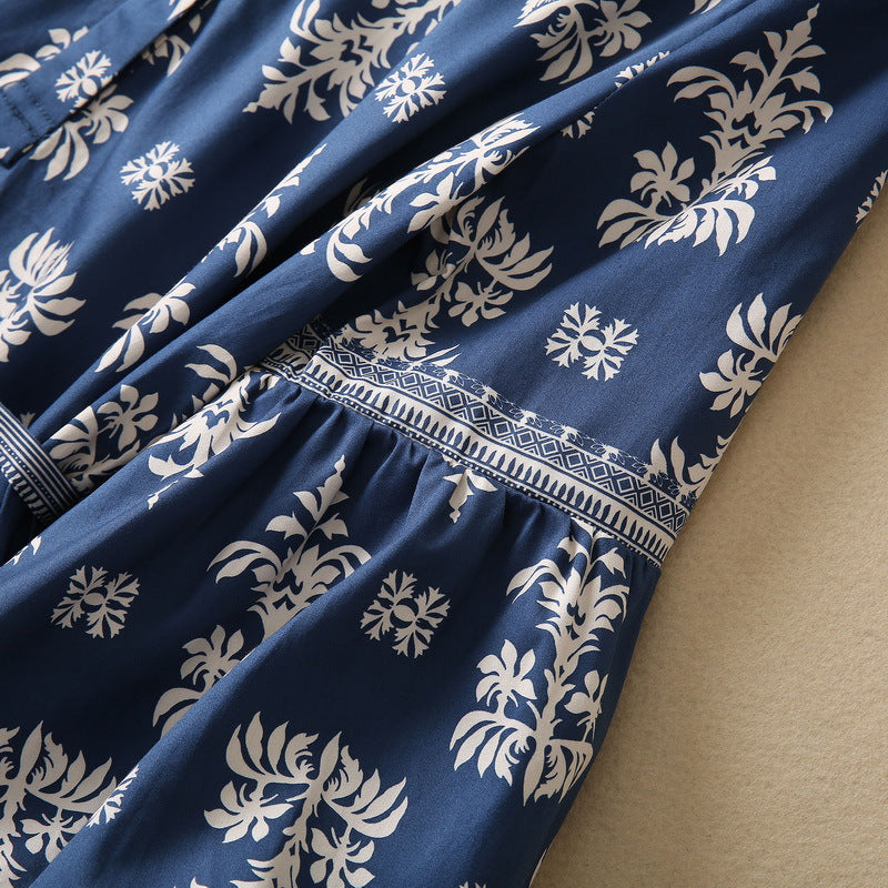 Elegant V-Neck Lantern Sleeve Printed Dress - Cotton Silk Blend