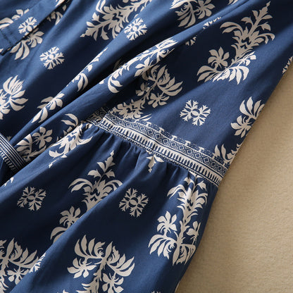 Elegant V-Neck Lantern Sleeve Printed Dress - Cotton Silk Blend